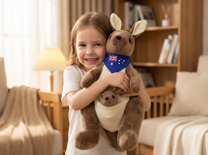 Kangaroo Stuffed Animal with Joey in Pouch & Australia Scarf - Soft Cuddly Plush Toy(32cm, Dark brown
)| Other Colors Available in Store.