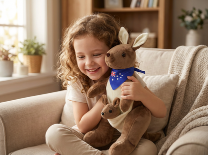 Kangaroo Stuffed Animal with Joey in Pouch & Australia Scarf - Soft Cuddly Plush Toy(32cm, Dark brown
)| Other Colors Available in Store.