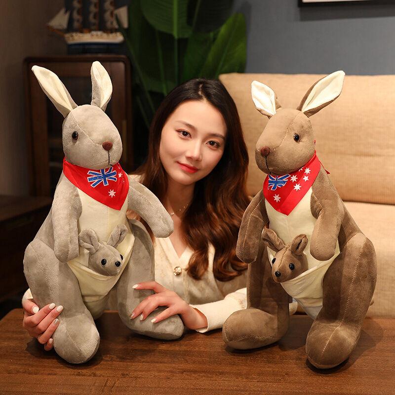 Kangaroo Stuffed Animal with Joey in Pouch & Australia Scarf - Soft Cuddly Plush Toy(32cm, Dark brown
)| Other Colors Available in Store.