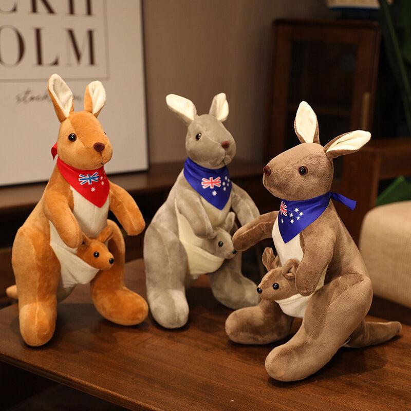 Kangaroo Stuffed Animal with Joey in Pouch & Australia Scarf - Soft Cuddly Plush Toy(32cm, Dark brown
)| Other Colors Available in Store.