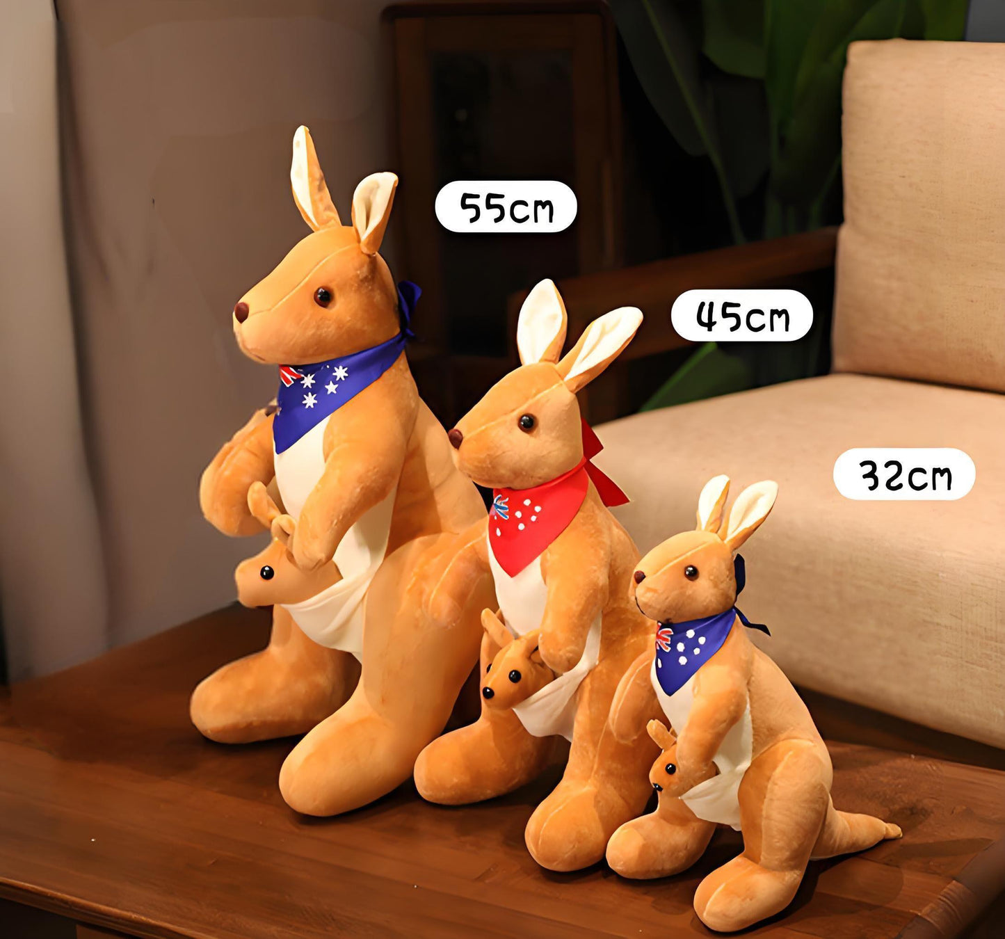 Kangaroo Stuffed Animal with Joey in Pouch & Australia Scarf - Soft Cuddly Plush Toy(45cm, Dark brown
)| Other Colors Available in Store.