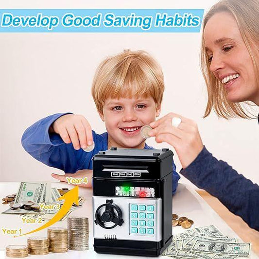 Smart ATM Piggy Bank with Password Lock & Coin Slot â Educational Money Box for Kids, Saves Coins & Bills (Black) | Other Colors Available In-Store.