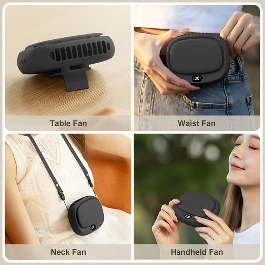 Portable Neck Fan with 5 Speeds â Rechargeable USB Mini Fan for Outdoor Travel, Work & Camping â Silent Personal Cooling Fan (Black).