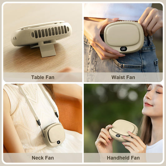 Portable Neck Fan with 5 Speeds â Rechargeable USB Mini Fan for Outdoor Travel, Work & Camping â Silent Personal Cooling Fan (Beige).