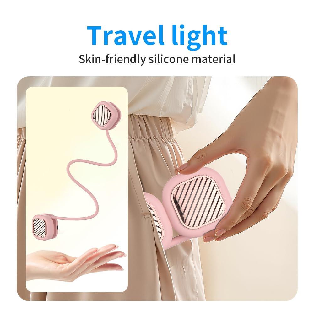 Portable Neck Fan with 5-Speed Adjustable Cooling â Lightweight Rechargeable Bladeless Fan for Travel, Outdoor, Gym, Office Use â Ultra-Quiet & Foldable (Pink).