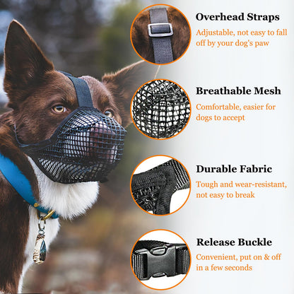 Soft Mesh Dog Muzzle for Small Medium Large Dogs – Breathable Adjustable Anti-Bite Chewing Guard with Overhead Strap – Fits Labrador, German Shepherd, Golden Retriever – 5 Sizes (Black,L)