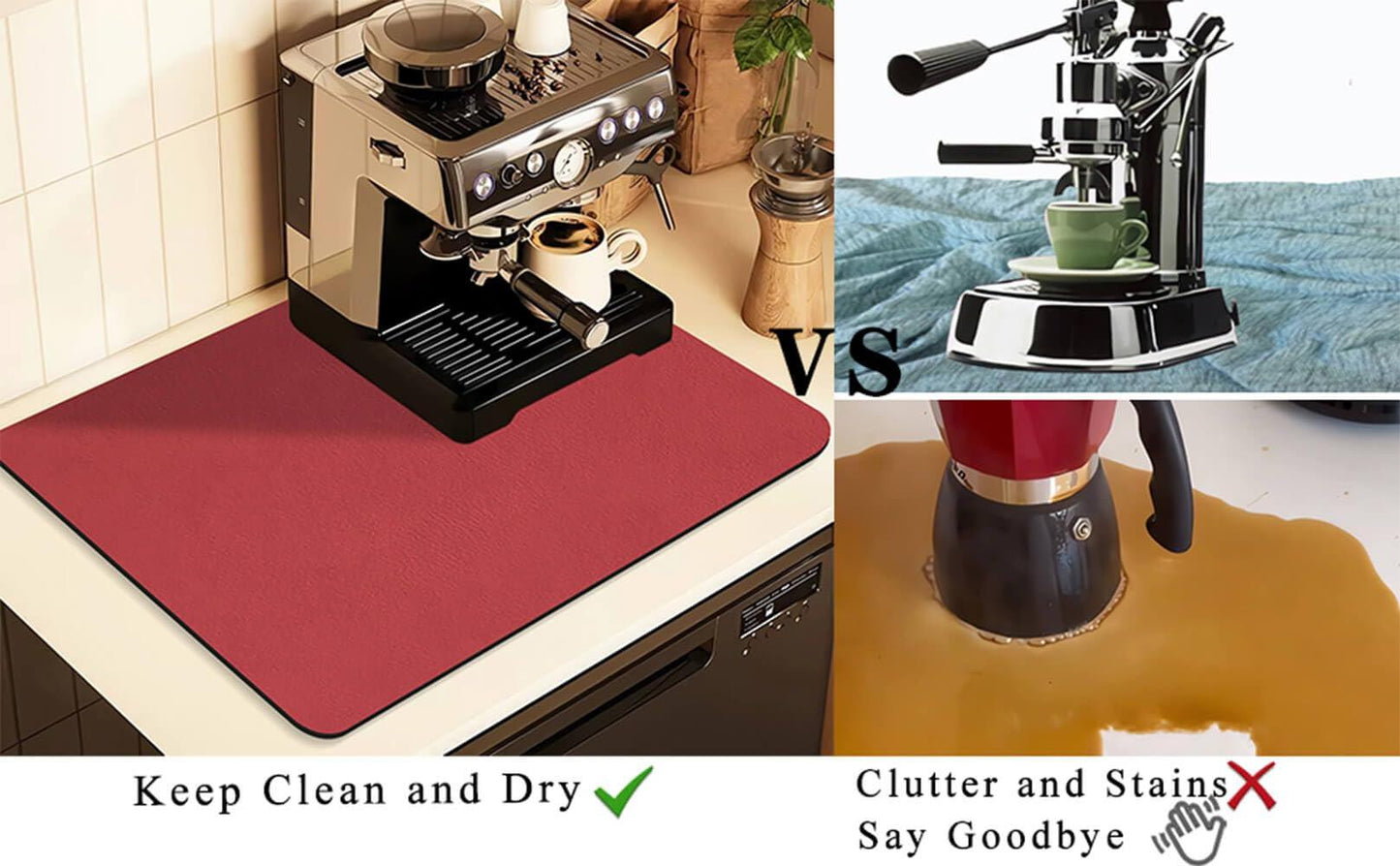 Kitchen Counter Mat for Coffee Maker â Absorbent & Quick-Dry Bar Pad with Non-Slip Backing, Protective Surface for Espresso Machine, Dish Drying Mat (Red,50*80cm).