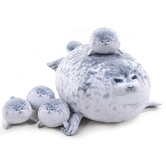 Gray Chubby Seal Plush Pillow with 4 Baby Seals Inside: Soft Stuffed Animal for Kids, Hug Pillow & Room Decor â Perfect Gift for Children.