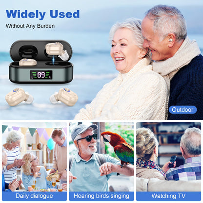 Rechargeable In-the-Ear Hearing Aids with Charging Case and LCD Display – Ultra-Compact Sound Amplifier for Seniors (Black & Green Case, Skin Tone Device)