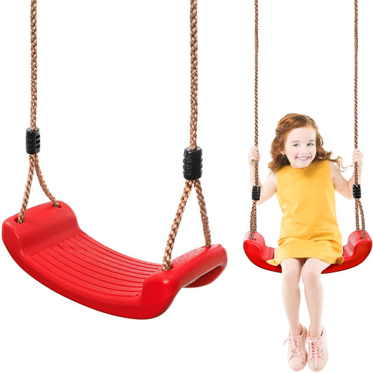 Outdoor Kids Plastic Swing Seat with Adjustable Rope â Durable Tree Swing for Backyard, 220lb Capacity, Red (Red).