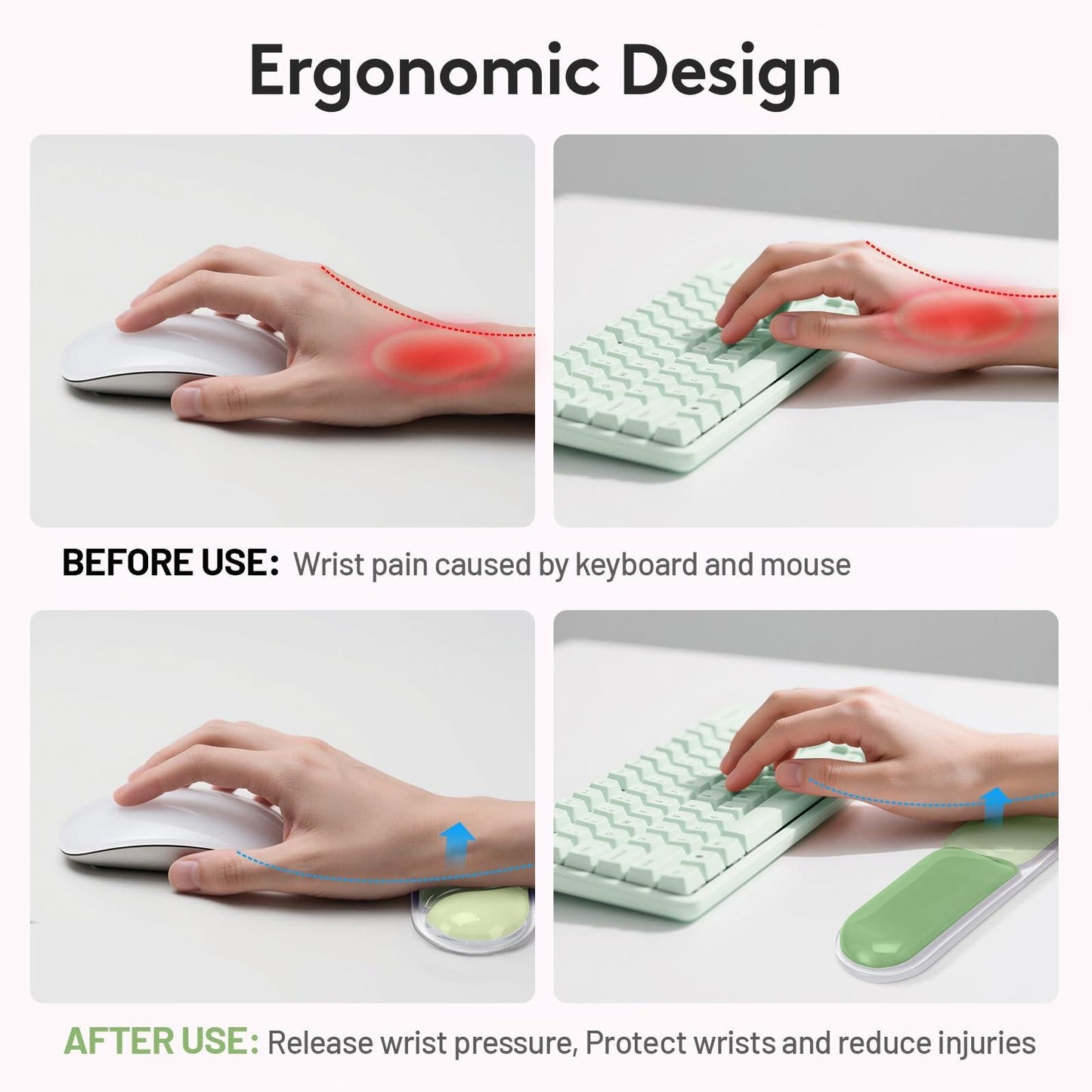 Ergonomic Gel Wrist Rest Set â Keyboard and Mouse Support Pad with Soft Cushioning for Office, Work, Gaming, and Study â Anti-Slip Base, Comfortable Design (Green).