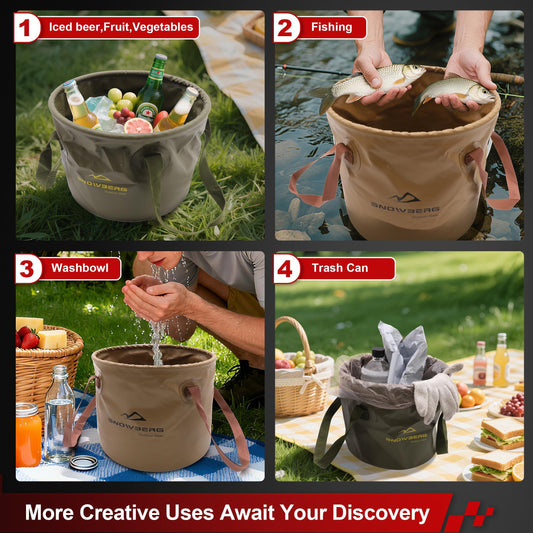Multi-Use Collapsible Bucket â Foldable Camping Container with Dual Handles, 10L/20L Capacity, Supports 22 lbs or 44 lbs, Waterproof PVC Mesh for Fishing, Washing, Picnics & Outdoor Use (Coffee,Trumpet).