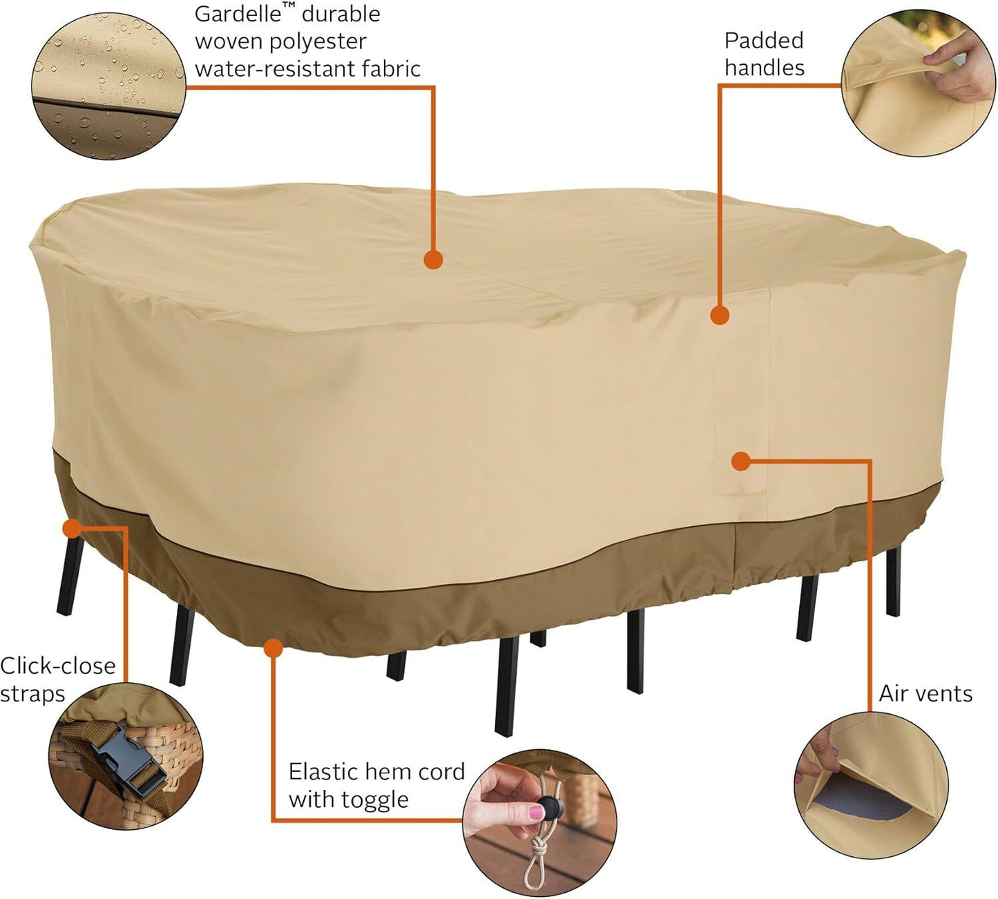 Patio Table & Chair Cover with Umbrella Hole: Water-Resistant Outdoor Furniture Cover for Rectangular/Oval Garden Sets (274x208x58 cm LxWxH)