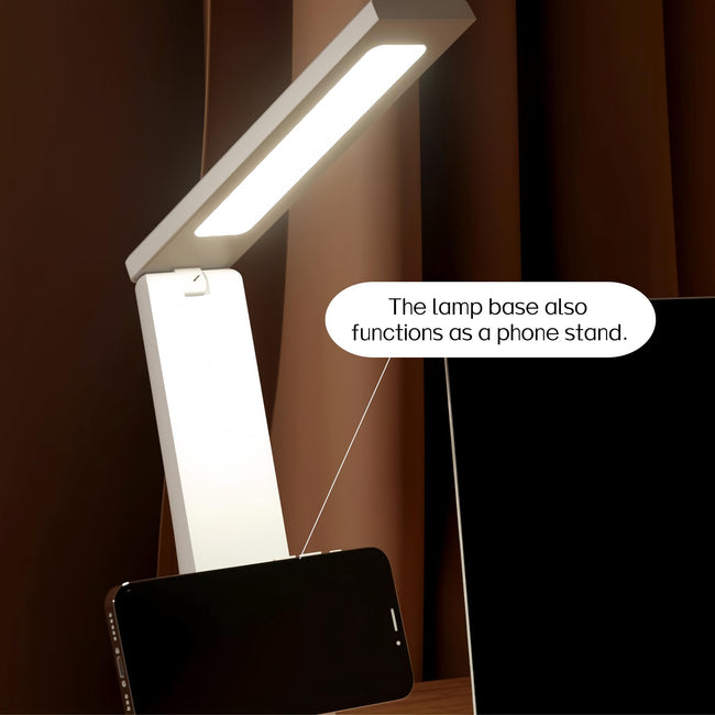 USB Rechargeable Foldable LED Desk Lamp – Touch Control, 3-Color Temperature, Stepless Dimming, 120° Adjustable Arm, Built-in Phone Stand, Flicker-Free & Blue Light Filtered, Ideal for Study, Office, Bedroom, Dorm; Compact & Modern Design (White,3600mA) Main Image
