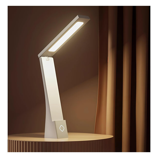 USB Rechargeable Foldable LED Desk Lamp – Touch Control, 3-Color Temperature, Stepless Dimming, 120° Adjustable Arm, Built-in Phone Stand, Flicker-Free & Blue Light Filtered, Ideal for Study, Office, Bedroom, Dorm; Compact & Modern Design (White,6000mA) Hover Image