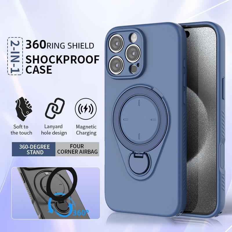 Magnetic Shockproof Case with 360-Degree Rotating Ring Stand for iPhone 16 Pro Max â Slim Protective Phone Cover with Airbag Corners and Wireless Charging Support for Home, Office, Travel and Daily Use (Blue).
