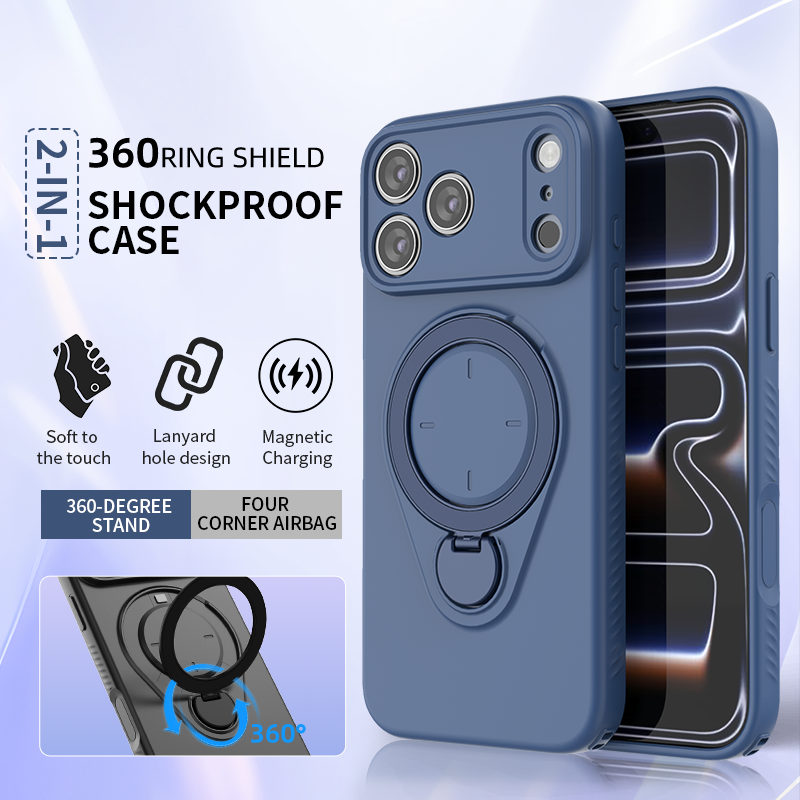 Magnetic Shockproof Case with 360-Degree Rotating Ring Stand for iPhone 17 Pro Max â Slim Protective Phone Cover with Airbag Corners and Wireless Charging Support for Home, Office, Travel and Daily Use (Purple).