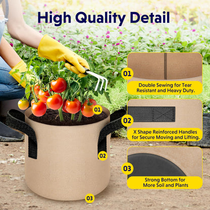 5-Pack 10-Gallon Fabric Grow Bags – Heavy-Duty Breathable Non-Woven Plant Pots with Handles for Vegetables, Herbs, Flowers (Camel)