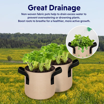 5-Pack 10-Gallon Fabric Grow Bags – Heavy-Duty Breathable Non-Woven Plant Pots with Handles for Vegetables, Herbs, Flowers (Camel)