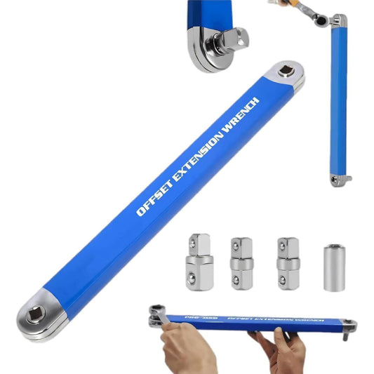 Blue Offset Extension Wrench Set â 15.35" Long, 1/4", 3/8", 1/2" Square Drive Adapters & 1/4" Socket | Ideal for Tight Spaces.