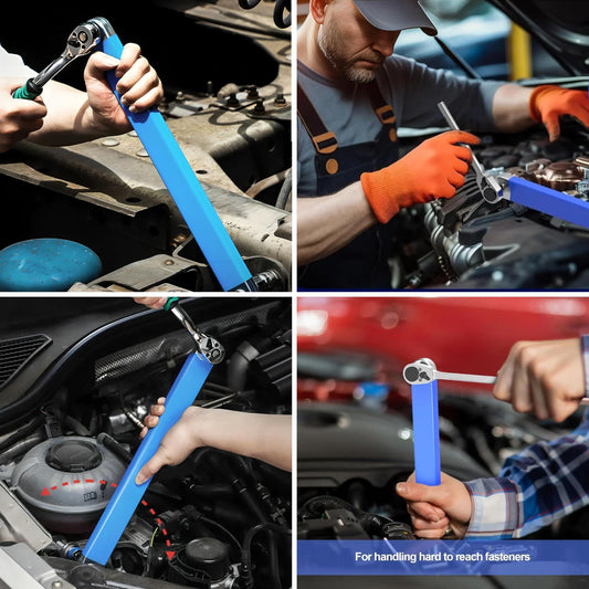 Blue Offset Extension Wrench Set â 15.35" Long, 1/4", 3/8", 1/2" Square Drive Adapters & 1/4" Socket | Ideal for Tight Spaces.