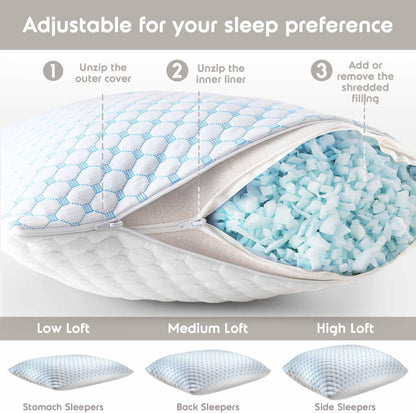 Queen Size Cooling Pillow with Shredded Memory Foam & Gel Infusion – Adjustable Loft, Breathable Dual-Sided Cover, 20" x 30" (Blue) | Other Sizes Available in Store