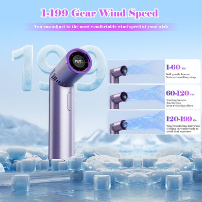 Portable Mini Handheld Fan â 3-in-1 Rechargeable Turbine Fan with 1-199 Speed, Digital Display, Neck Strap, Long Battery Life for Outdoor, Travel, Office Use (Purple).