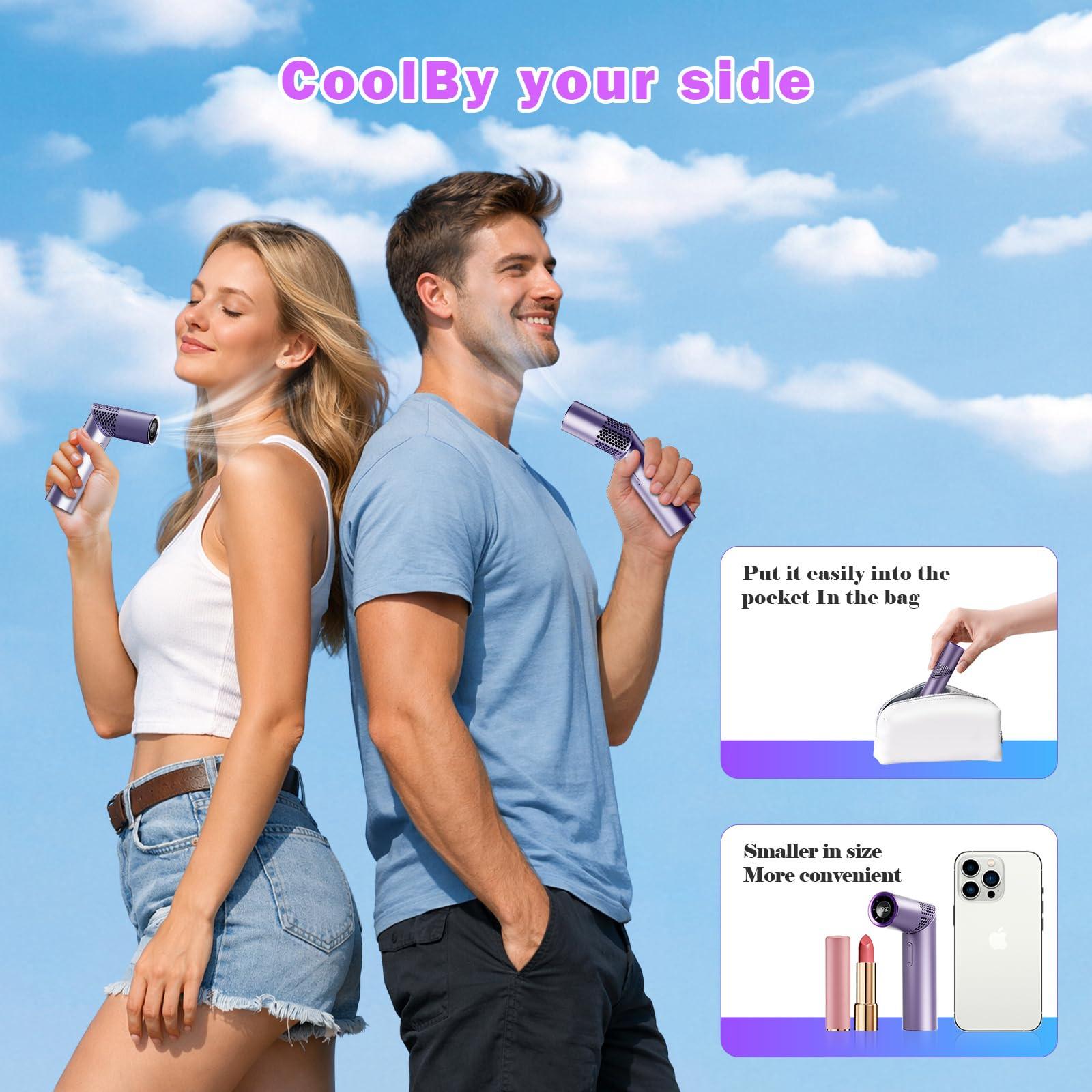 Portable Mini Handheld Fan â 3-in-1 Rechargeable Turbine Fan with 1-199 Speed, Digital Display, Neck Strap, Long Battery Life for Outdoor, Travel, Office Use (Purple).