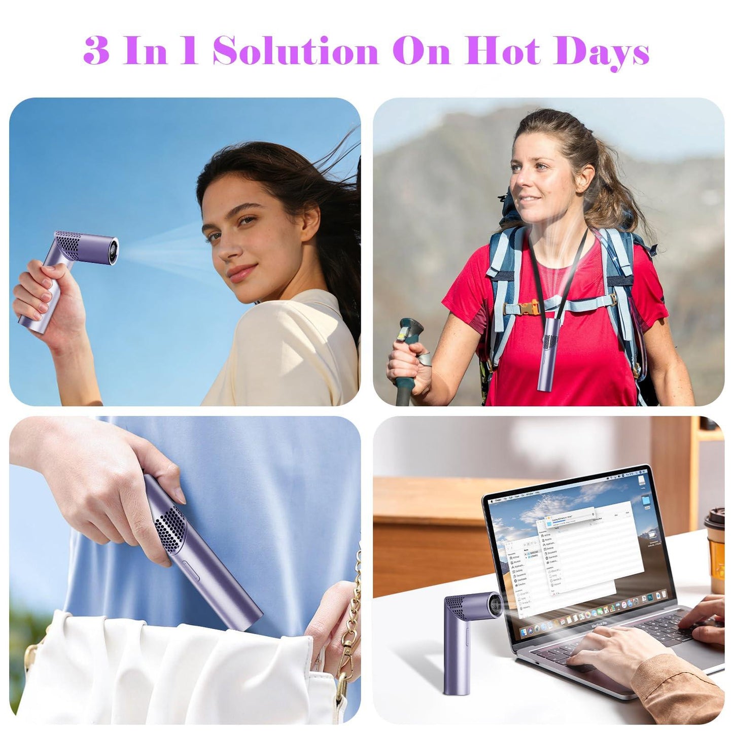 Portable Mini Handheld Fan â 3-in-1 Rechargeable Turbine Fan with 1-199 Speed, Digital Display, Neck Strap, Long Battery Life for Outdoor, Travel, Office Use (Purple).