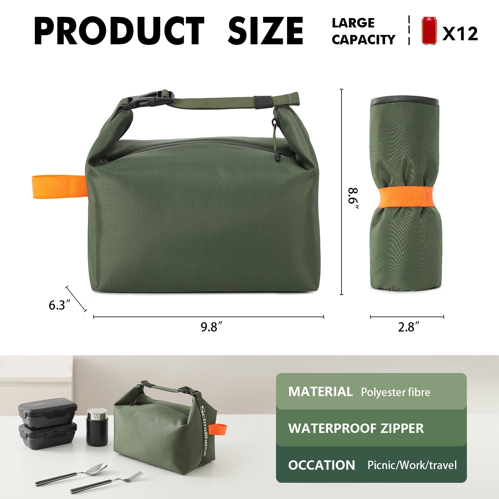 Foldable Lunch Bag â Reusable Insulated Cooler Tote with Waterproof Zipper, Leak-Proof Design, Lightweight & Compact, Ideal for Work, School, Picnic, Travel (Military green).