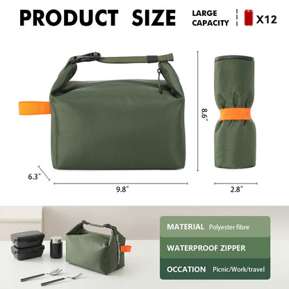 Foldable Lunch Bag â Reusable Insulated Cooler Tote with Waterproof Zipper, Leak-Proof Design, Lightweight & Compact, Ideal for Work, School, Picnic, Travel (Military green).