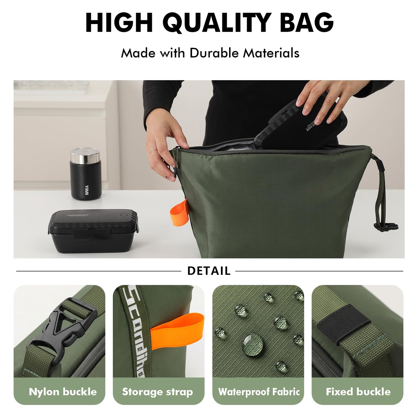 Foldable Lunch Bag â Reusable Insulated Cooler Tote with Waterproof Zipper, Leak-Proof Design, Lightweight & Compact, Ideal for Work, School, Picnic, Travel (Military green).