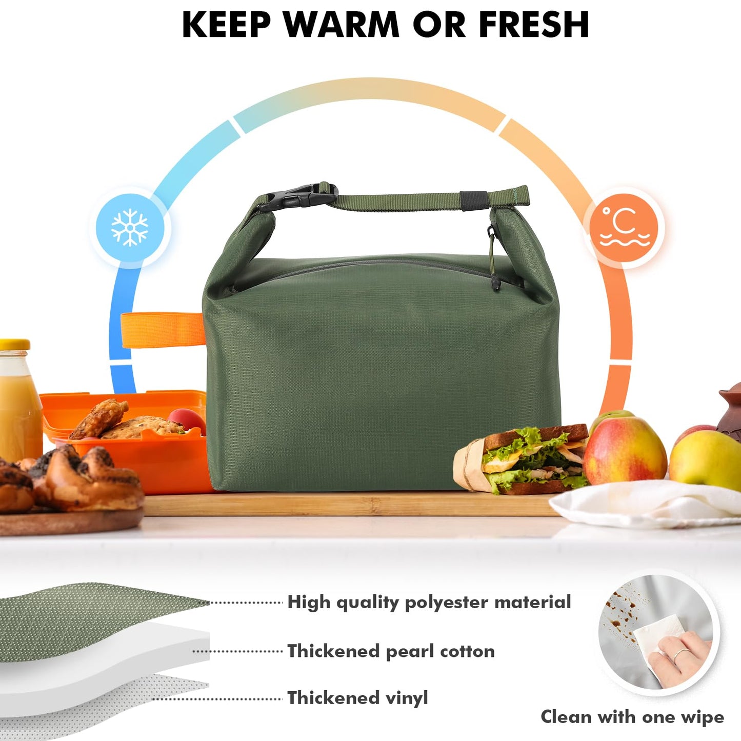Foldable Lunch Bag â Reusable Insulated Cooler Tote with Waterproof Zipper, Leak-Proof Design, Lightweight & Compact, Ideal for Work, School, Picnic, Travel (Military green).