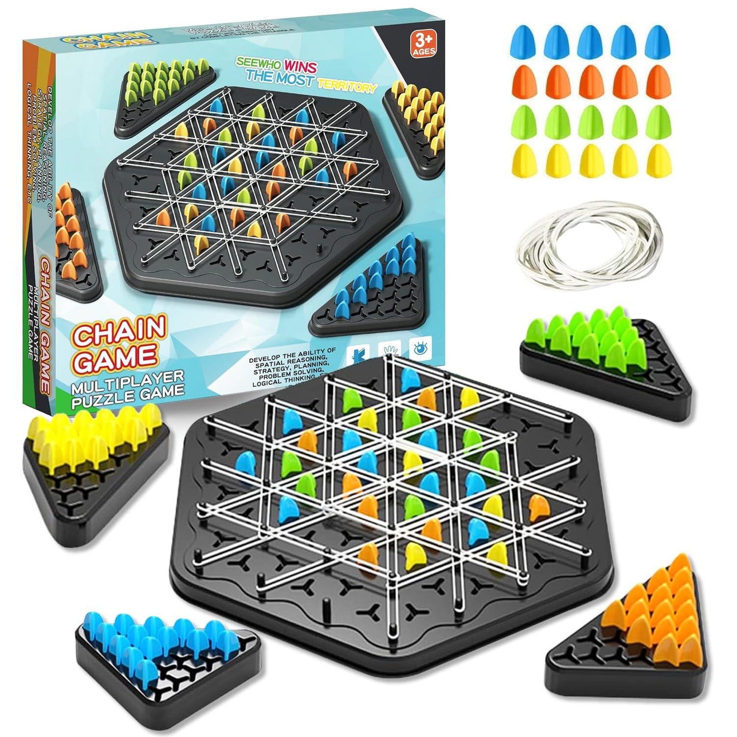 Chain Game â Multiplayer Strategy Board Puzzle for Kids & Adults | Fun Geometric Chess with Rubber Bands, 2â4 Players | Ideal Family Game for Parties, Gifts & Screen-Free Play.