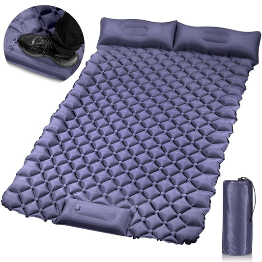 Double Camping Pad with Built-in Pillow: Foot Pump Inflatable Mattress for Tent/Backpacking â Ultralight, Foldable (Dark Blue).