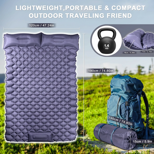 Double Camping Pad with Built-in Pillow: Foot Pump Inflatable Mattress for Tent/Backpacking â Ultralight, Foldable (Dark Blue).