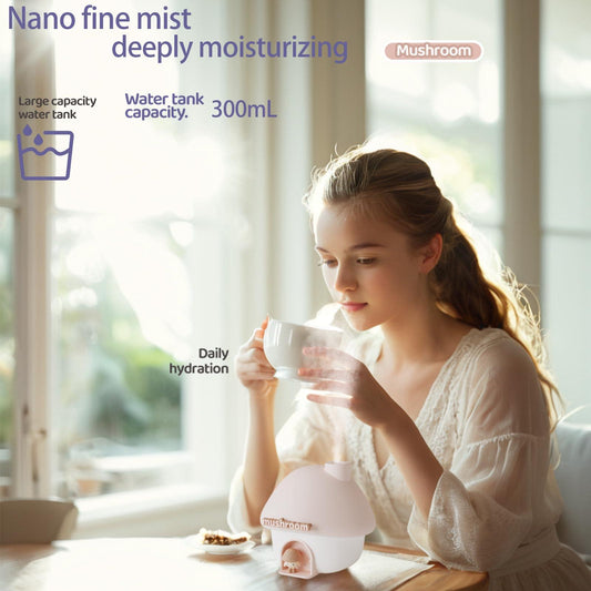 Portable Mushroom Humidifier with 7 Color Sunset Light, USB Rechargeable Mini Air Moisturizer for Desk, Bedroom, Travel, Baby Room â Silent & Cute Design Use(Pink).