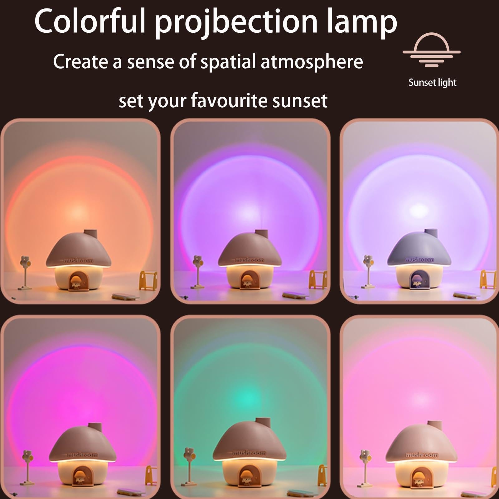 Portable Mushroom Humidifier with 7 Color Sunset Light, USB Rechargeable Mini Air Moisturizer for Desk, Bedroom, Travel, Baby Room â Silent & Cute Design Use(Pink).