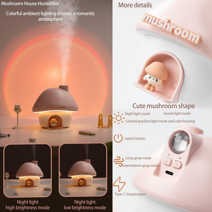 Portable Mushroom Humidifier with 7 Color Sunset Light, USB Rechargeable Mini Air Moisturizer for Desk, Bedroom, Travel, Baby Room â Silent & Cute Design Use(Pink).