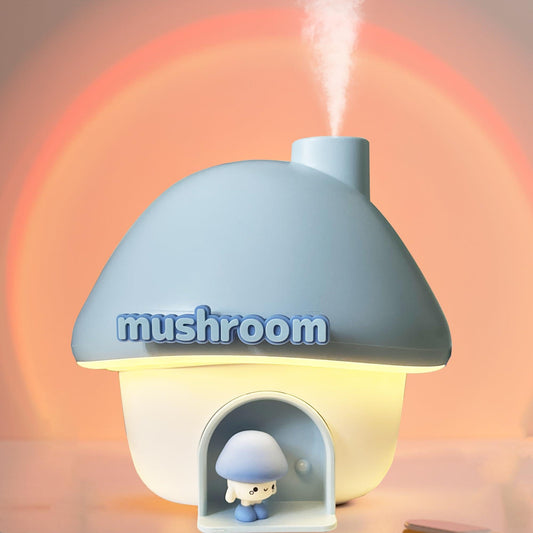 Portable Mushroom Humidifier with 7 Color Sunset Light, USB Rechargeable Mini Air Moisturizer for Desk, Bedroom, Travel, Baby Room â Silent & Cute Design Use(Blue).