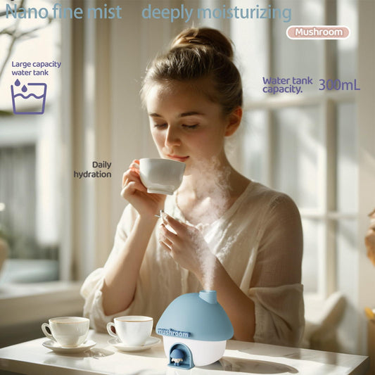 Portable Mushroom Humidifier with 7 Color Sunset Light, USB Rechargeable Mini Air Moisturizer for Desk, Bedroom, Travel, Baby Room â Silent & Cute Design Use(Blue).
