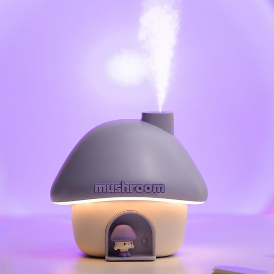 Portable Mushroom Humidifier with 7 Color Sunset Light, USB Rechargeable Mini Air Moisturizer for Desk, Bedroom, Travel, Baby Room â Silent & Cute Design Use(Purple).