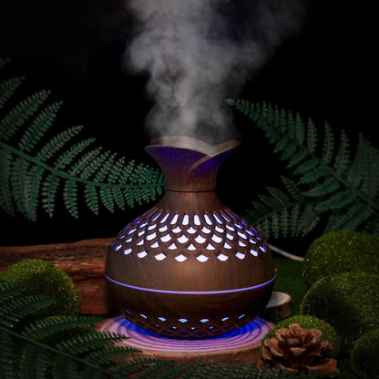 Portable USB Humidifier with 7-Color LED Night Light â Wood Grain Flower Design, Quiet Cool Mist Diffuser for Home, Office & Car (DarkWood).
