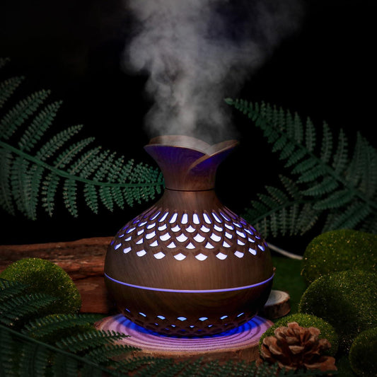 Portable USB Humidifier with 7-Color LED Night Light â Wood Grain Flower Design, Quiet Cool Mist Diffuser for Home, Office & Car (DarkWood).