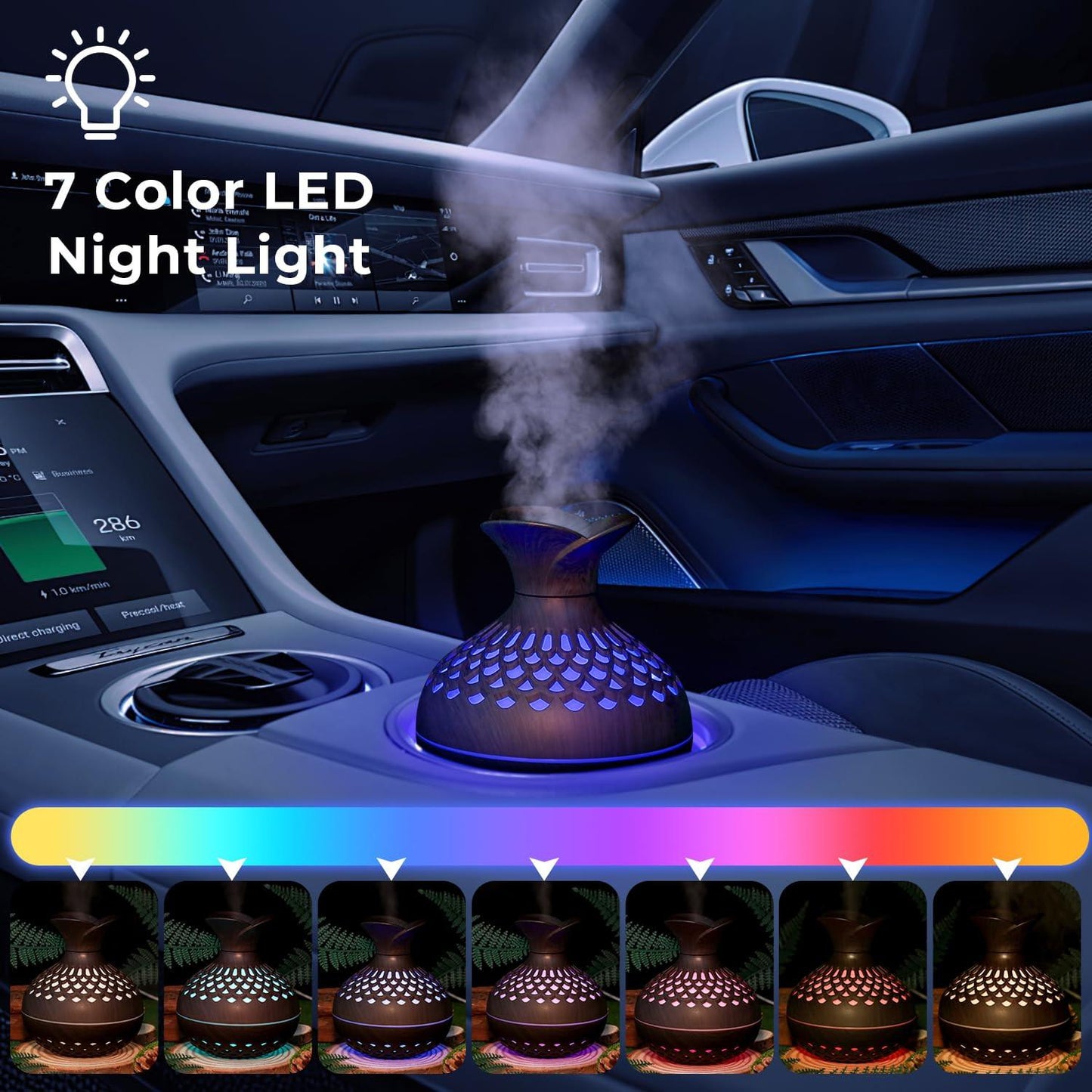 Portable USB Humidifier with 7-Color LED Night Light â Wood Grain Flower Design, Quiet Cool Mist Diffuser for Home, Office & Car (DarkWood).