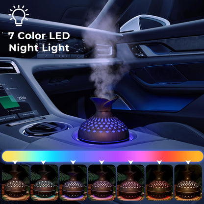 Portable USB Humidifier with 7-Color LED Night Light â Wood Grain Flower Design, Quiet Cool Mist Diffuser for Home, Office & Car (DarkWood).