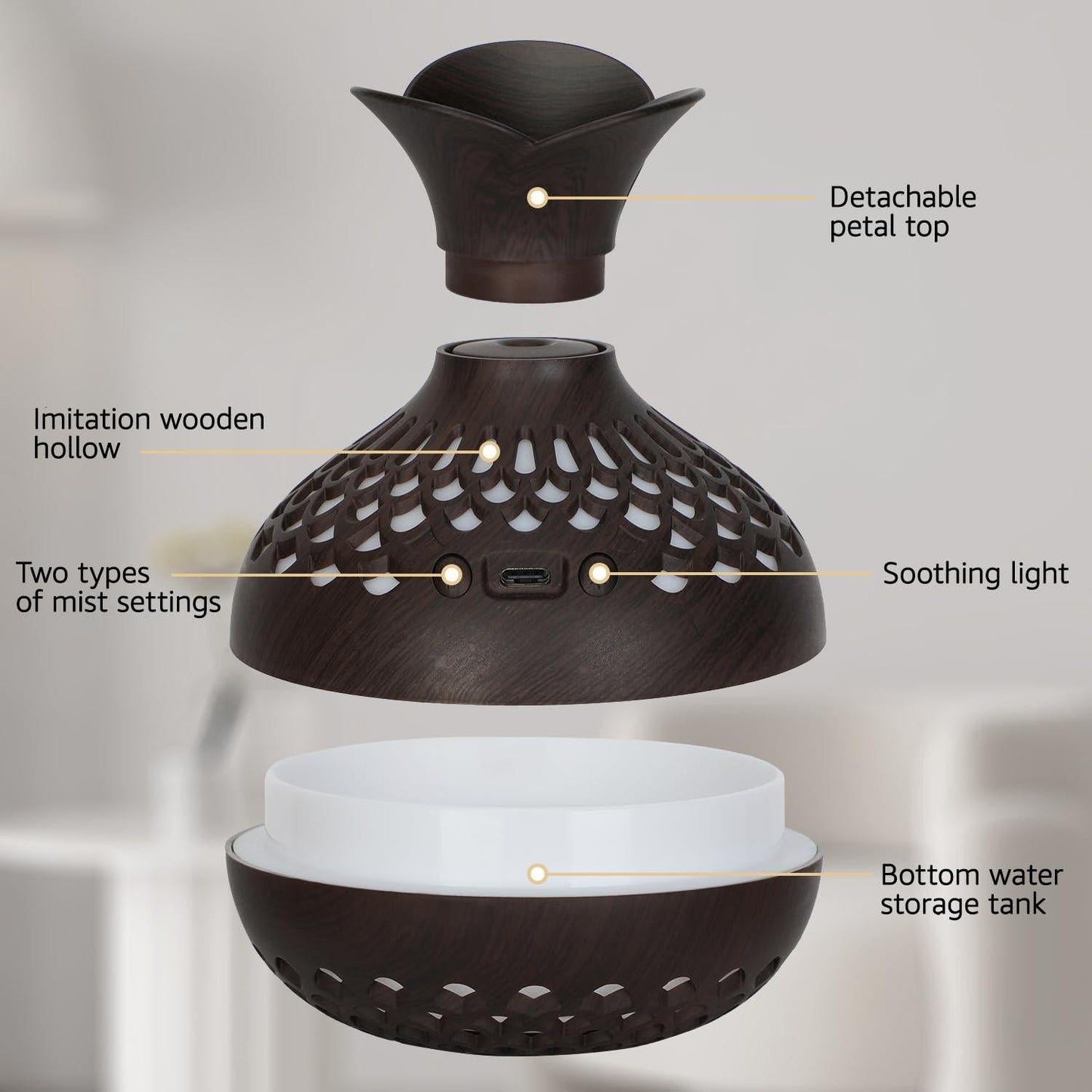 Portable USB Humidifier with 7-Color LED Night Light â Wood Grain Flower Design, Quiet Cool Mist Diffuser for Home, Office & Car (DarkWood).