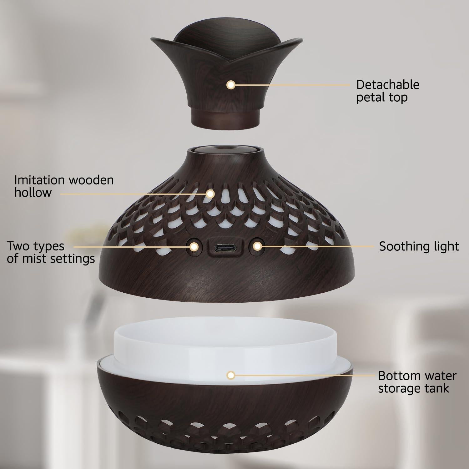 Portable USB Humidifier with 7-Color LED Night Light â Wood Grain Flower Design, Quiet Cool Mist Diffuser for Home, Office & Car (DarkWood).