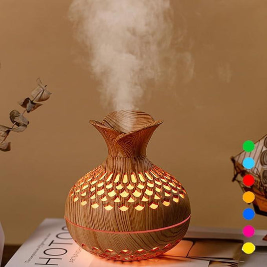 Portable USB Humidifier with 7-Color LED Night Light â Wood Grain Flower Design, Quiet Cool Mist Diffuser for Home, Office & Car (Lightwood).