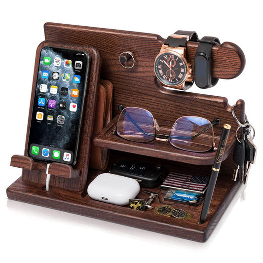 Wooden Desk Organizer for Men â Multi-Function Phone Stand, Watch & Glasses Holder, Key & Wallet Tray (Vintage Brown).